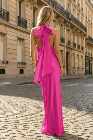 Yellow Halter Sheath Satin Backless Long Prom Dresses - KissProm