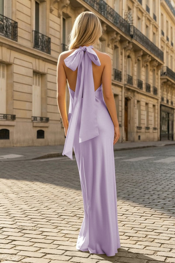 Yellow Halter Sheath Satin Backless Long Prom Dresses - KissProm