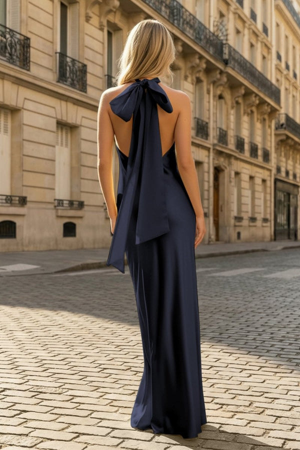 Yellow Halter Sheath Satin Backless Long Prom Dresses - KissProm