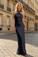 Yellow Halter Sheath Satin Backless Long Prom Dresses – Prom Dresses by KissProm | Available at KissProm