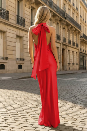 Yellow Halter Sheath Satin Backless Long Prom Dresses - KissProm