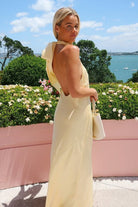 Floren | Yellow - Halter Sheath Satin Backless Long Prom Dresses - KissProm