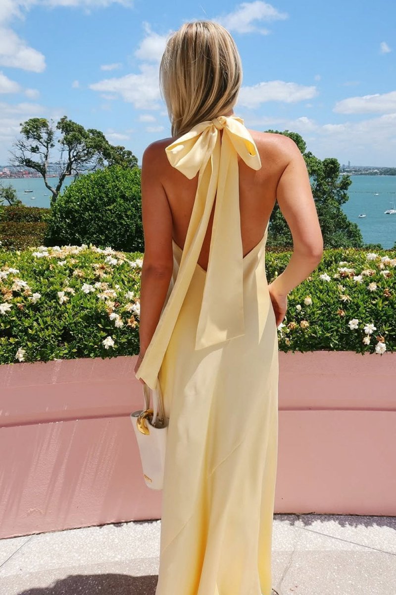 Floren | Yellow - Halter Sheath Satin Backless Long Prom Dresses - KissProm