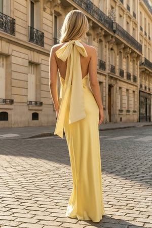 Yellow Halter Sheath Satin Backless Long Prom Dresses - KissProm