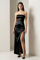 Florisyn | Burgundy - Strapless Satin Sheath Long Formal Prom Dresses With Slit - KissProm