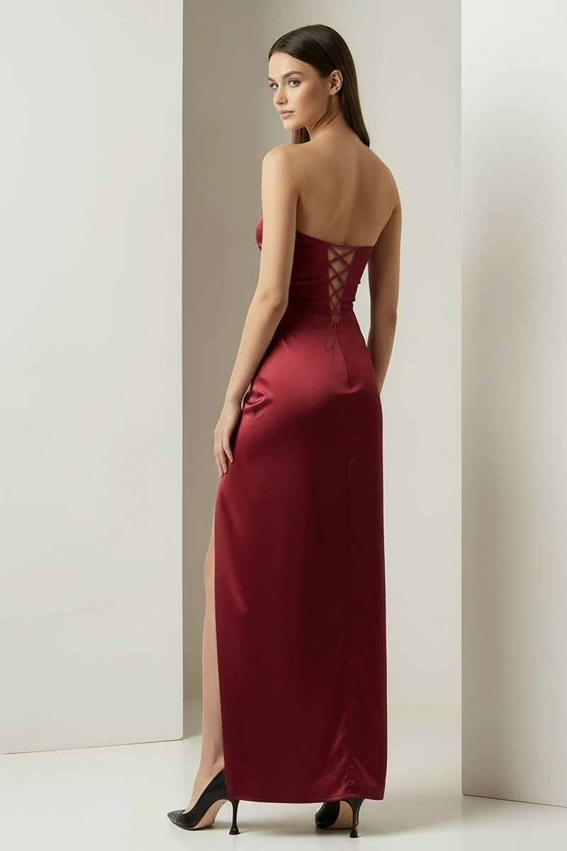 Florisyn | Burgundy - Strapless Satin Sheath Long Formal Prom Dresses With Slit - KissProm
