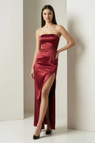 Florisyn | Burgundy - Strapless Satin Sheath Long Formal Prom Dresses With Slit - KissProm
