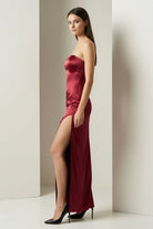 Florisyn | Burgundy - Strapless Satin Sheath Long Formal Prom Dresses With Slit - KissProm