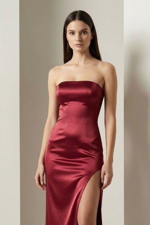 Florisyn | Burgundy - Strapless Satin Sheath Long Formal Prom Dresses With Slit - KissProm