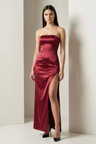 Florisyn | Burgundy - Strapless Satin Sheath Long Formal Prom Dresses With Slit - KissProm