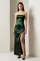 Florisyn | Burgundy - Strapless Satin Sheath Long Formal Prom Dresses With Slit - KissProm