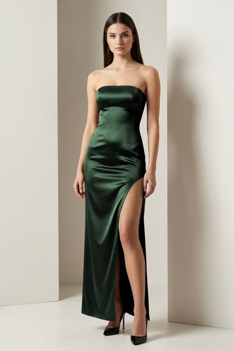 Florisyn | Burgundy - Strapless Satin Sheath Long Formal Prom Dresses With Slit - KissProm