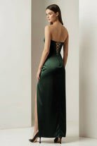 Florisyn | Burgundy - Strapless Satin Sheath Long Formal Prom Dresses With Slit - KissProm