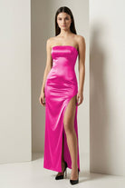 Florisyn | Burgundy - Strapless Satin Sheath Long Formal Prom Dresses With Slit - KissProm
