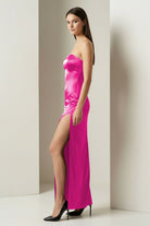 Florisyn | Burgundy - Strapless Satin Sheath Long Formal Prom Dresses With Slit - KissProm