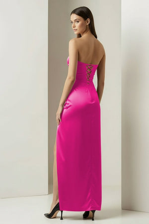 Florisyn | Burgundy - Strapless Satin Sheath Long Formal Prom Dresses With Slit - KissProm