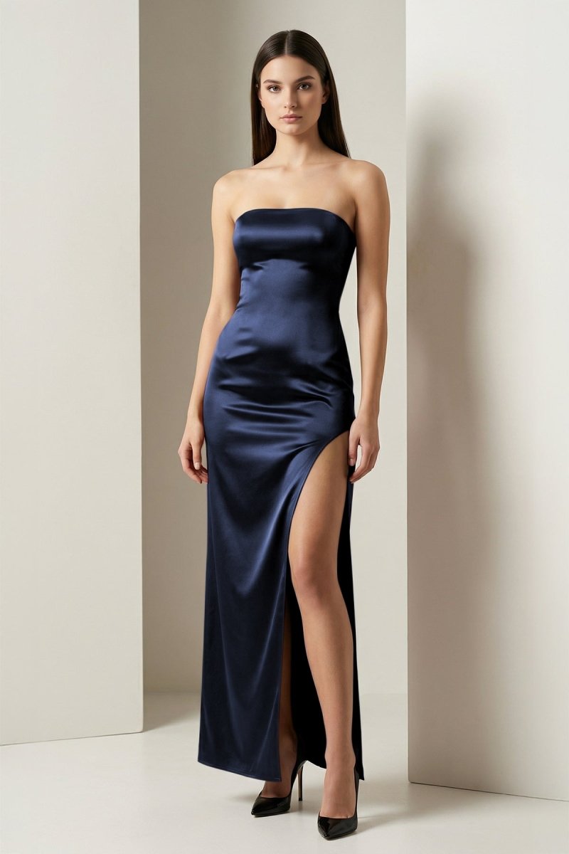 Florisyn | Burgundy - Strapless Satin Sheath Long Formal Prom Dresses With Slit - KissProm
