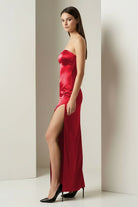 Florisyn | Burgundy - Strapless Satin Sheath Long Formal Prom Dresses With Slit - KissProm
