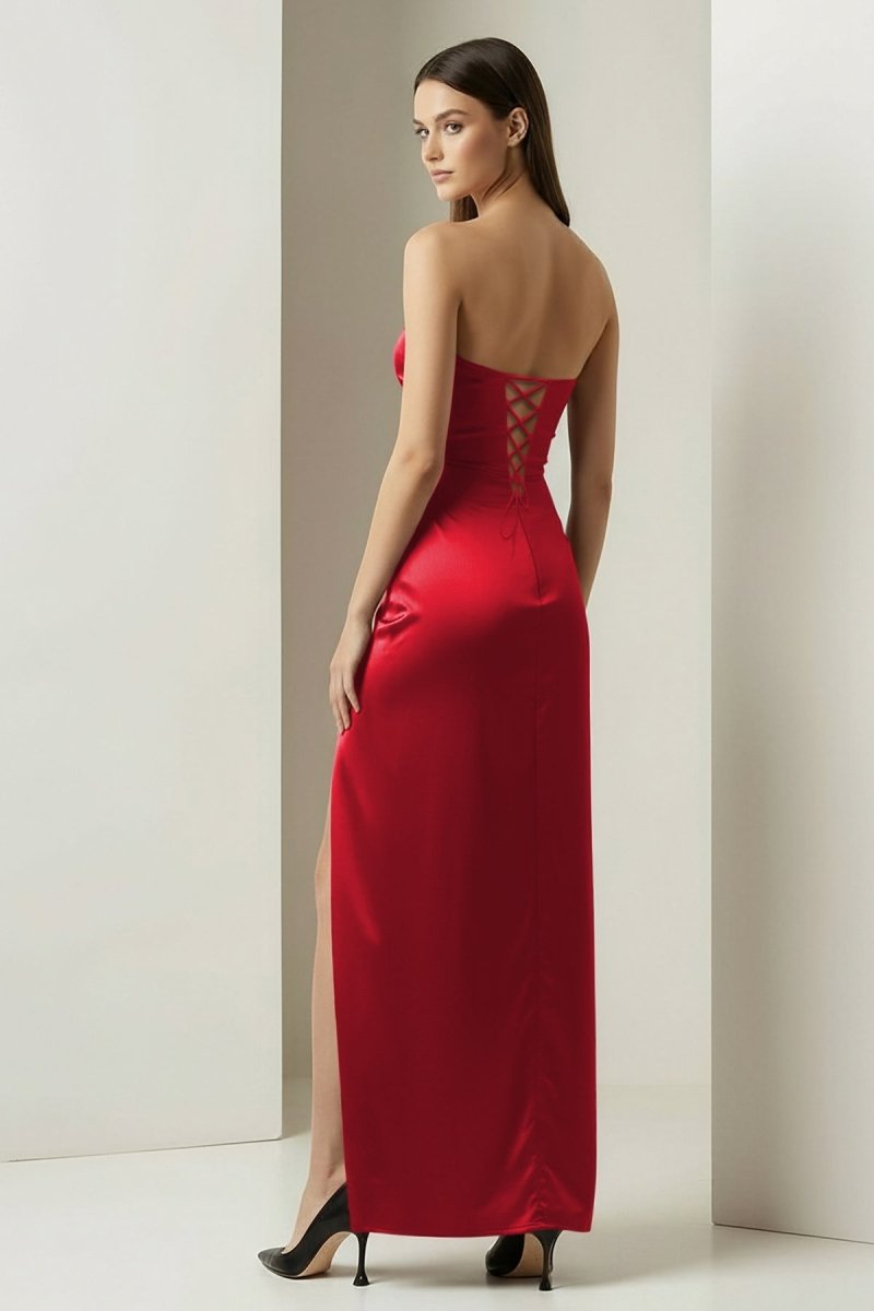 Florisyn | Burgundy - Strapless Satin Sheath Long Formal Prom Dresses With Slit - KissProm