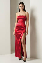 Florisyn | Burgundy - Strapless Satin Sheath Long Formal Prom Dresses With Slit - KissProm