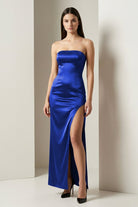 Florisyn | Burgundy - Strapless Satin Sheath Long Formal Prom Dresses With Slit - KissProm