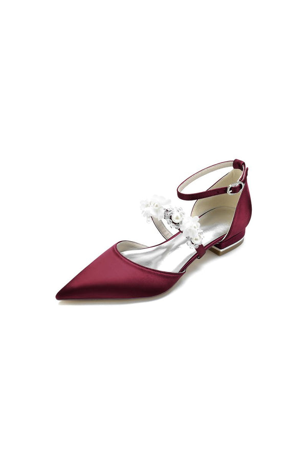 Flower Pearl Buckle Strap Pointed Toe Flats - KissProm