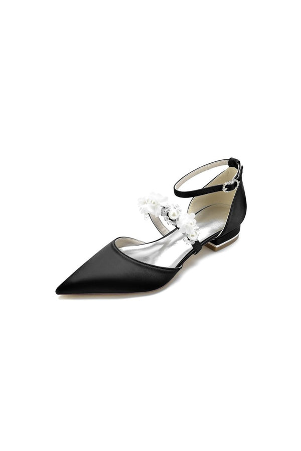 Flower Pearl Buckle Strap Pointed Toe Flats - KissProm