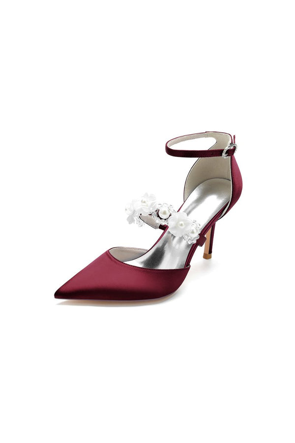 Flower Pearl Strap Pointed Toe High Heels - KissProm