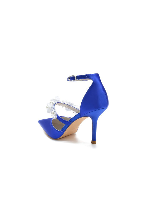 Flower Pearl Strap Pointed Toe High Heels - KissProm