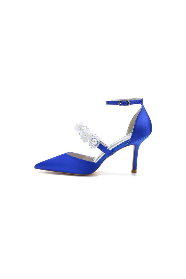 Flower Pearl Strap Pointed Toe High Heels - KissProm