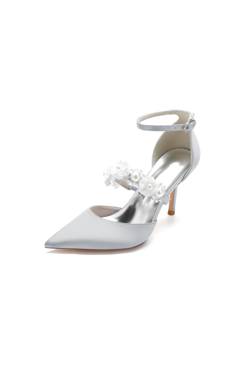 Flower Pearl Strap Pointed Toe High Heels - KissProm