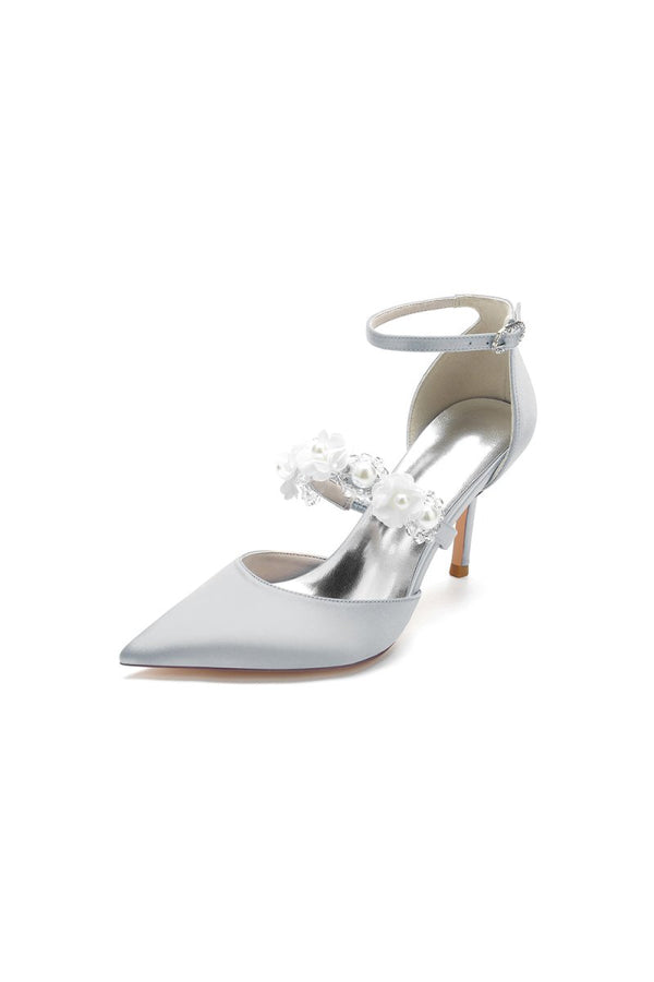 Flower Pearl Strap Pointed Toe High Heels - KissProm