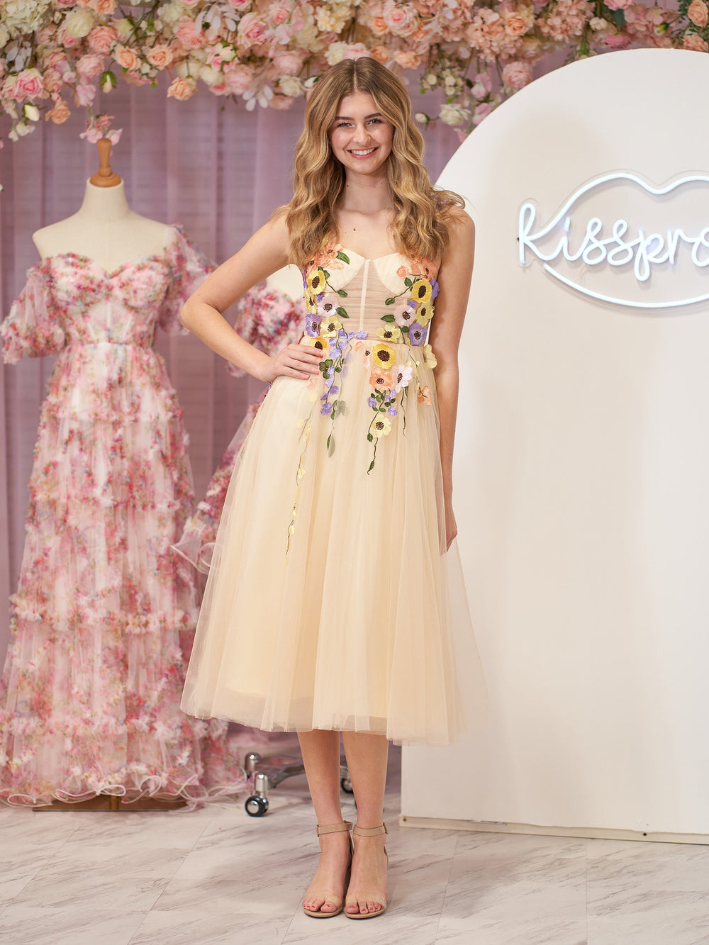 Tea Length A Line Floral Tulle Prom Dress