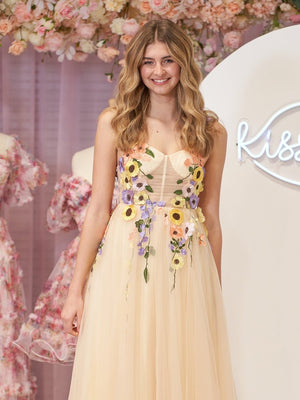 3D Flower Tulle Tea Length Prom Dresses