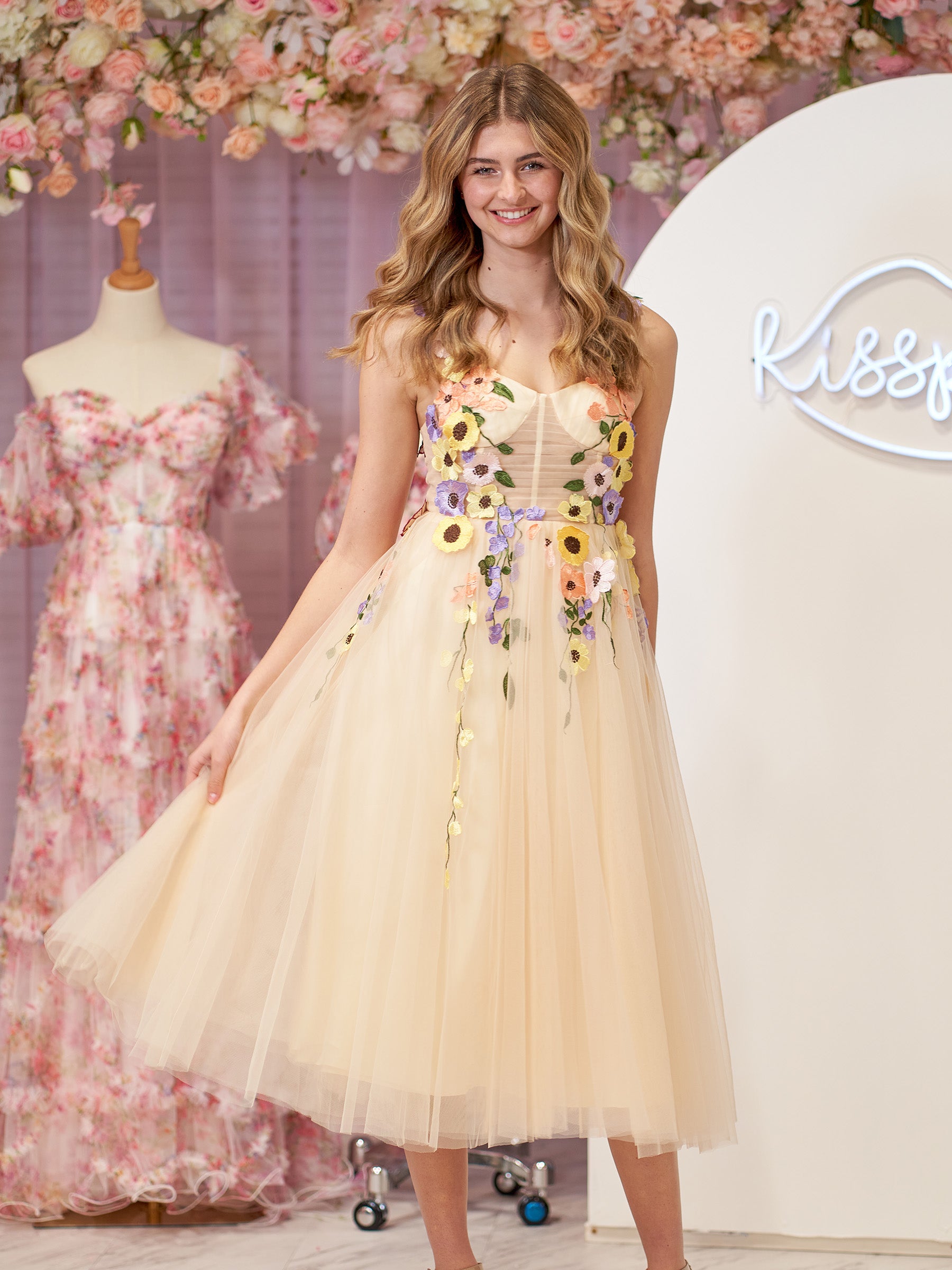 Flower Fairy Champagne 3D Lace Embroidered Floral Prom Dresses