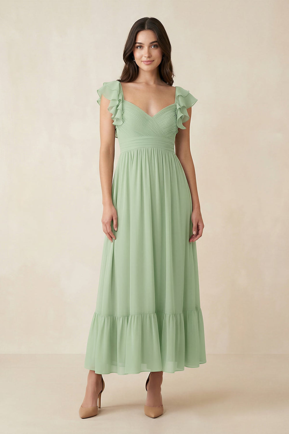 Flutter Sleeve Sweetheart A-Line Chiffon Bridesmaid Dress in Sage - KissProm BRIDESMAID DRESSES
