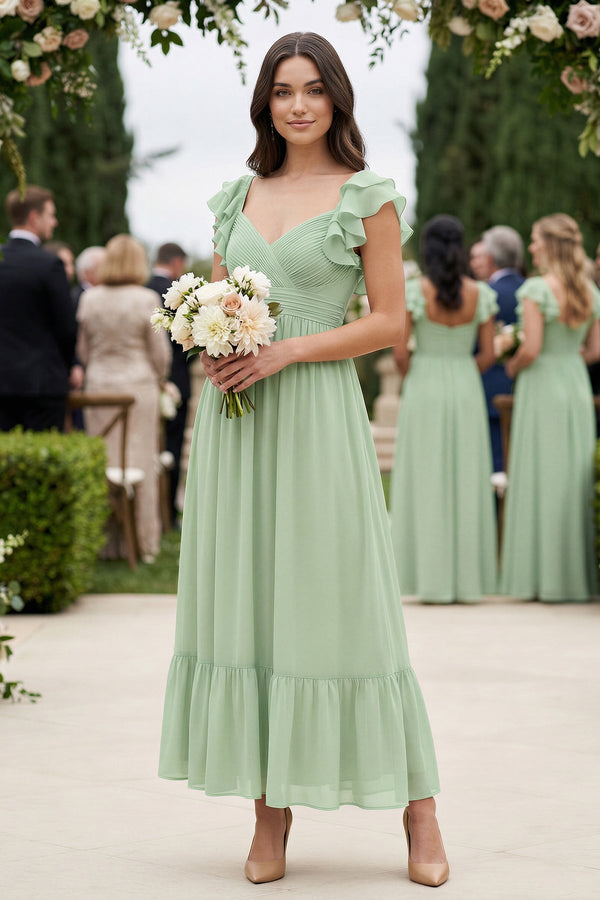 Flutter Sleeve Sweetheart A-Line Chiffon Bridesmaid Dress in Sage, Sage / 20 Flutter Sleeve Sweetheart A-Line Chiffon Bridesmaid Dress in Sage, Sage / 20