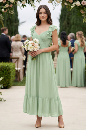 Flutter Sleeve Sweetheart A-Line Chiffon Bridesmaid Dress in Sage - KissProm BRIDESMAID DRESSES