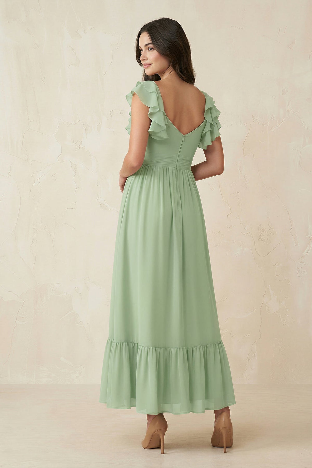 Flutter Sleeve Sweetheart A-Line Chiffon Bridesmaid Dress in Sage - KissProm BRIDESMAID DRESSES