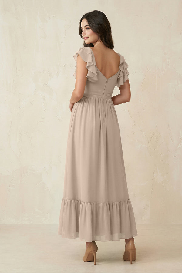 Flutter Sleeve Sweetheart A - Line Chiffon Bridesmaid Dress in Almond - KissProm Bridesmaid Dresses