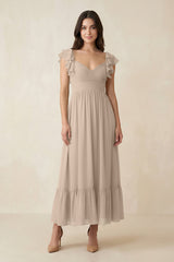 Flutter Sleeve Sweetheart A - Line Chiffon Bridesmaid Dress in Almond - KissProm Bridesmaid Dresses