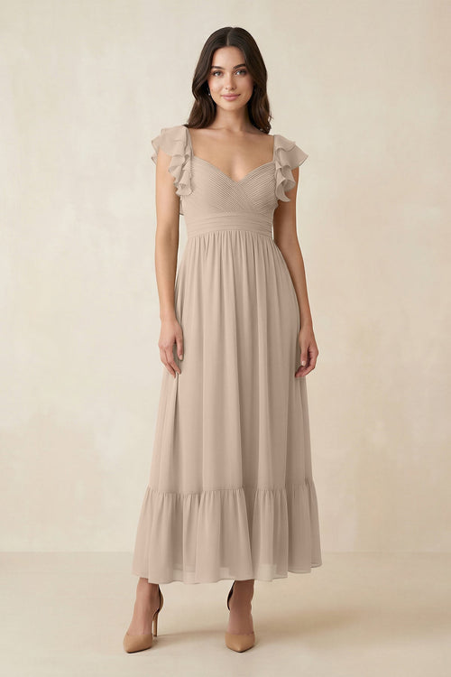 Flutter Sleeve Sweetheart A - Line Chiffon Bridesmaid Dress in Almond - KissProm Bridesmaid Dresses