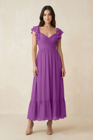 Flutter Sleeve Sweetheart A - Line Chiffon Bridesmaid Dress in Amethyst - KissProm Bridesmaid Dresses