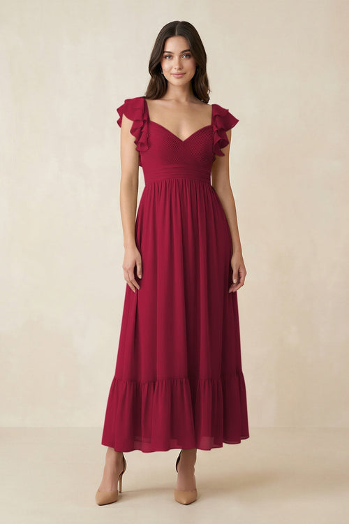 Flutter Sleeve Sweetheart A - Line Chiffon Bridesmaid Dress in Berry - KissProm Bridesmaid Dresses