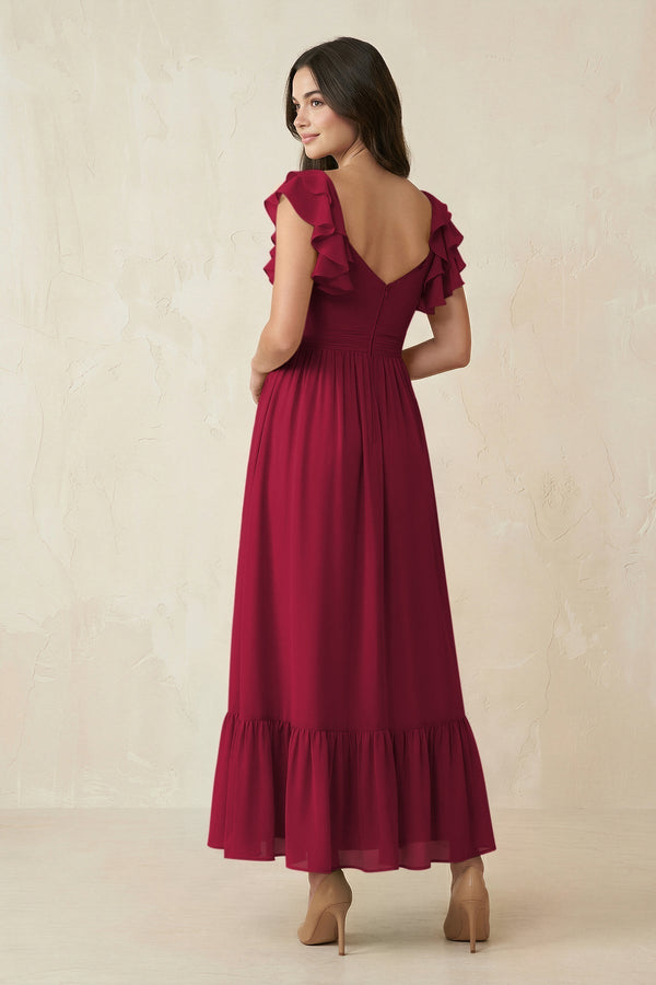Flutter Sleeve Sweetheart A - Line Chiffon Bridesmaid Dress in Berry - KissProm Bridesmaid Dresses