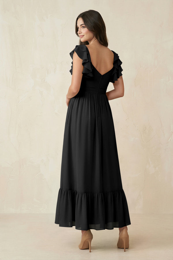 Flutter Sleeve Sweetheart A - Line Chiffon Bridesmaid Dress in Black - KissProm Bridesmaid Dresses