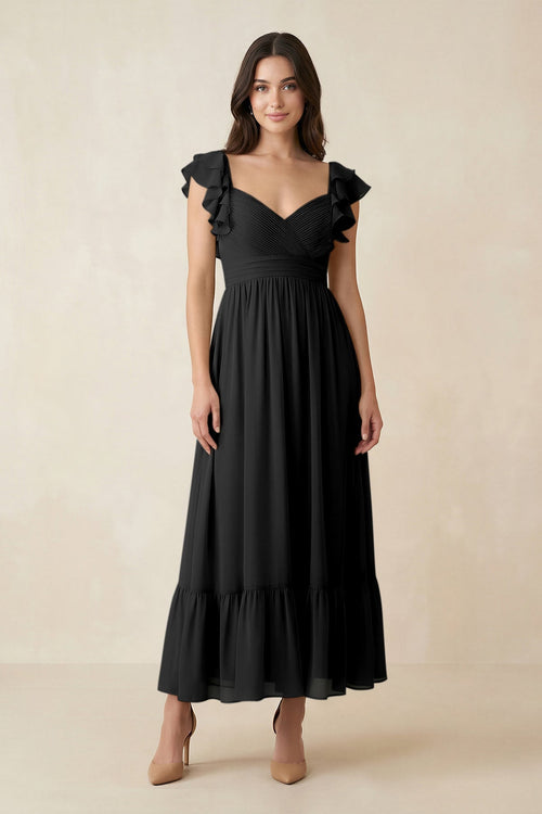Flutter Sleeve Sweetheart A - Line Chiffon Bridesmaid Dress in Black - KissProm Bridesmaid Dresses