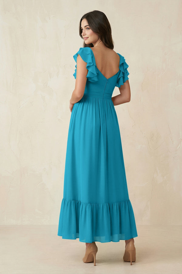 Flutter Sleeve Sweetheart A - Line Chiffon Bridesmaid Dress in Blue Jay - KissProm Bridesmaid Dresses