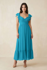 Flutter Sleeve Sweetheart A - Line Chiffon Bridesmaid Dress in Blue Jay - KissProm Bridesmaid Dresses