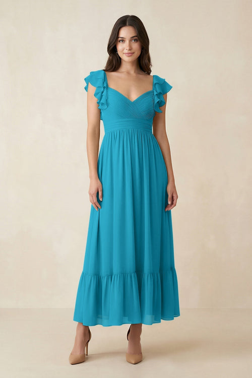 Flutter Sleeve Sweetheart A - Line Chiffon Bridesmaid Dress in Blue Jay - KissProm Bridesmaid Dresses